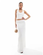 knitted low back halterneck top and maxi skirt co-ord in white