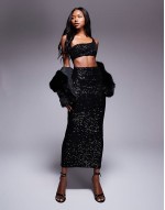 sequin one shoulder faux-ord midi dress in black
