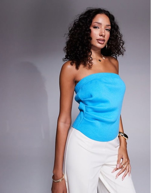 knitted structured ruched bandeau in aqua blue