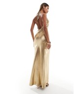 liquid satin cowl neck low back maxi dress in gold
