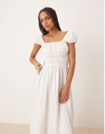 square neck short sve midi dress with cinched channel waist in white