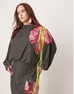 Curve velvet embroidered maxi dress with fringe detail in charcoal