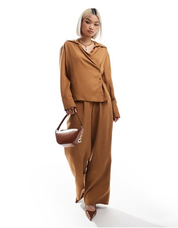 wrap tie shirt & wide leg dad trousers co-ord in tan